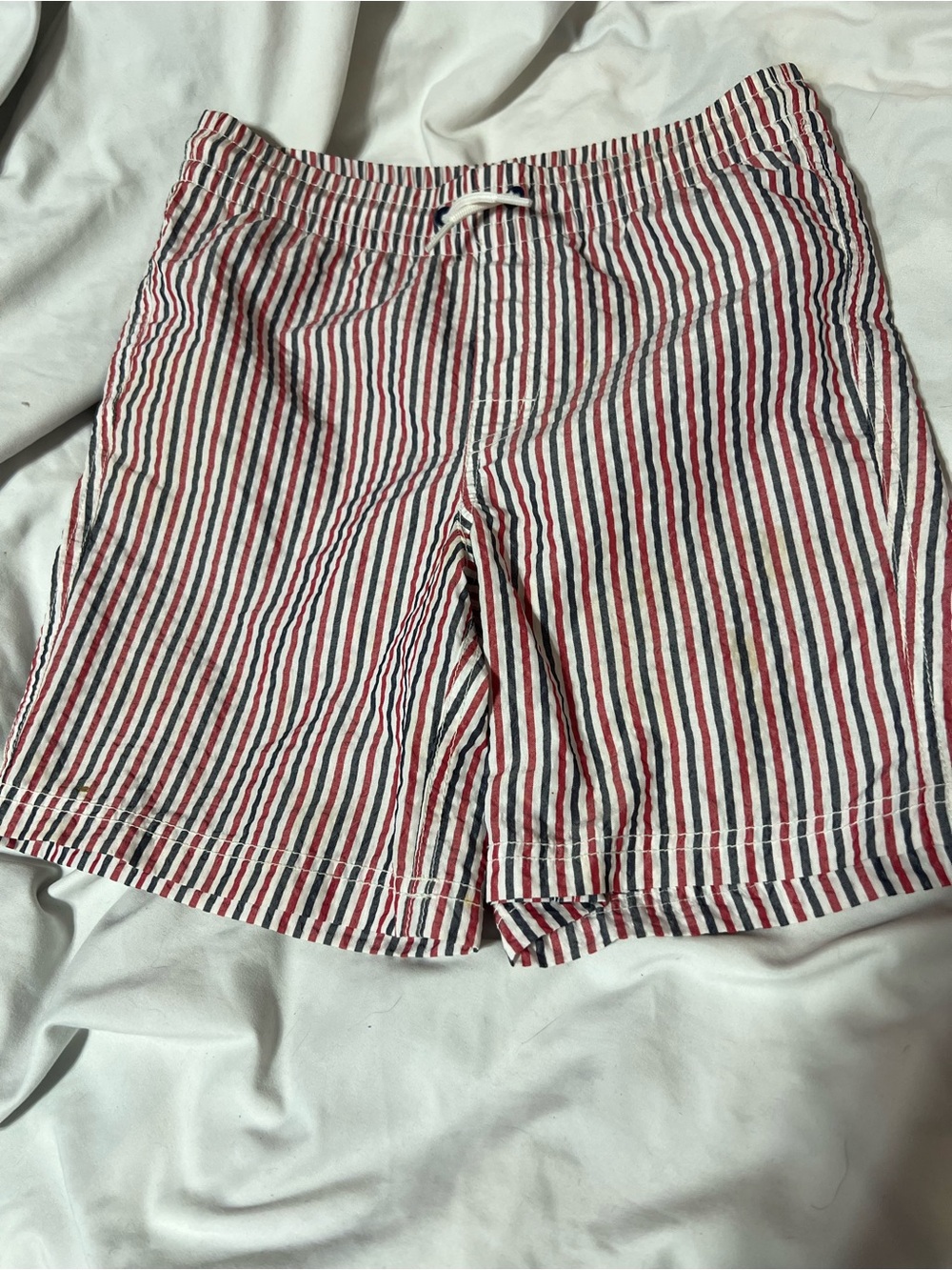 Kids Red, White & Navy Stripe Swim Trunks with Drawstring